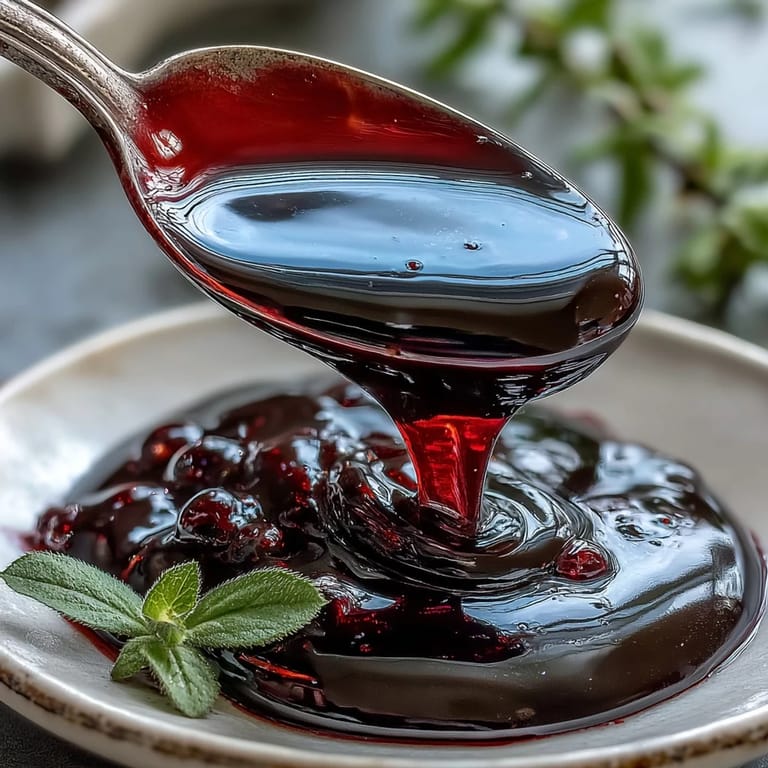 A small glass jar of homemade Black Currant Syrup garnished with fresh berries, set beside a sparkling cocktail.