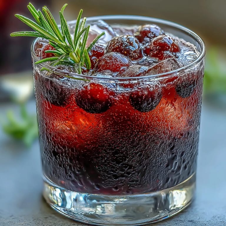 Deep purple black currant rosemary cocktail with bourbon, served over ice with a fragrant rosemary garnish for a sophisticated drink.