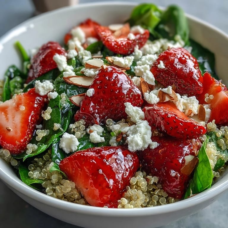 Colorful Strawberry Feta Quinoa Salad with Balsamic glaze, topped with sliced almonds and crisp spinach for a satisfying vegetarian meal.  