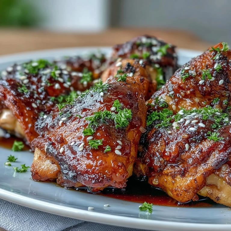Juicy baked chicken thighs glazed with sweet honey garlic sauce, perfect for dinner.