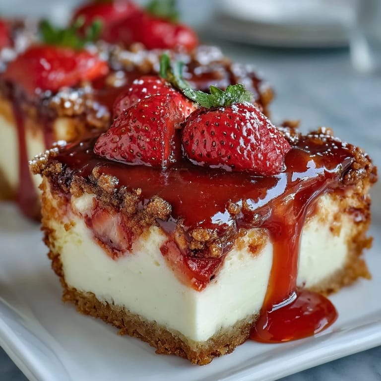 Warm Spring Brunch Strawberry French Toast Bake fresh from the oven, with juicy strawberries peeking through a crispy cinnamon streusel.
