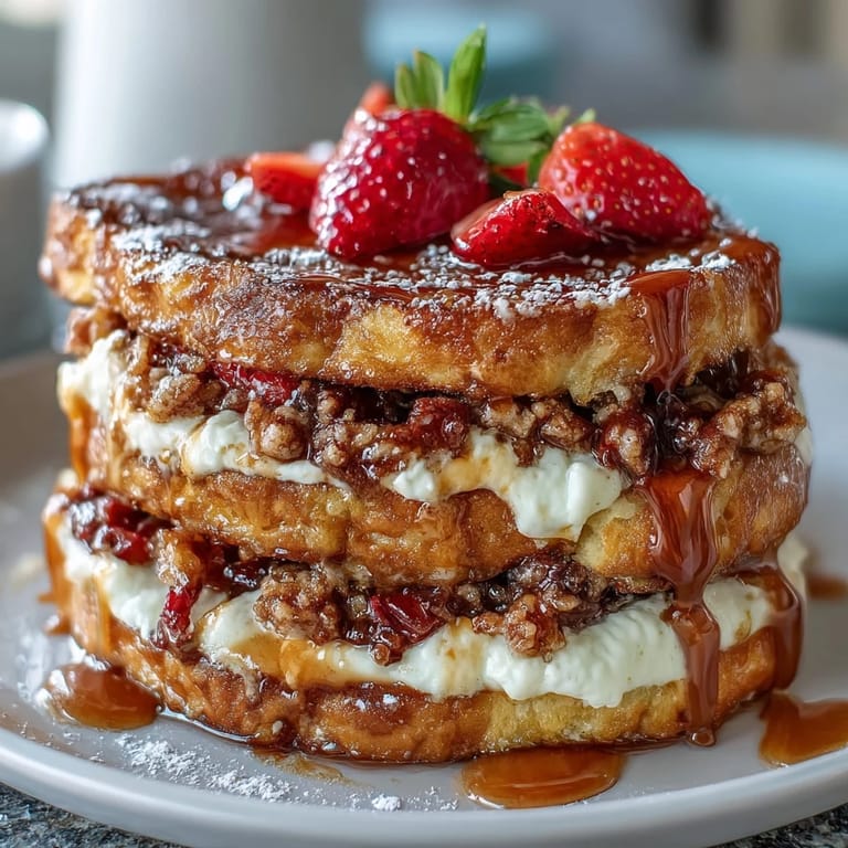 Family-style Spring Brunch Strawberry French Toast Bake topped with powdered sugar, served with a pitcher of maple syrup for drizzling.