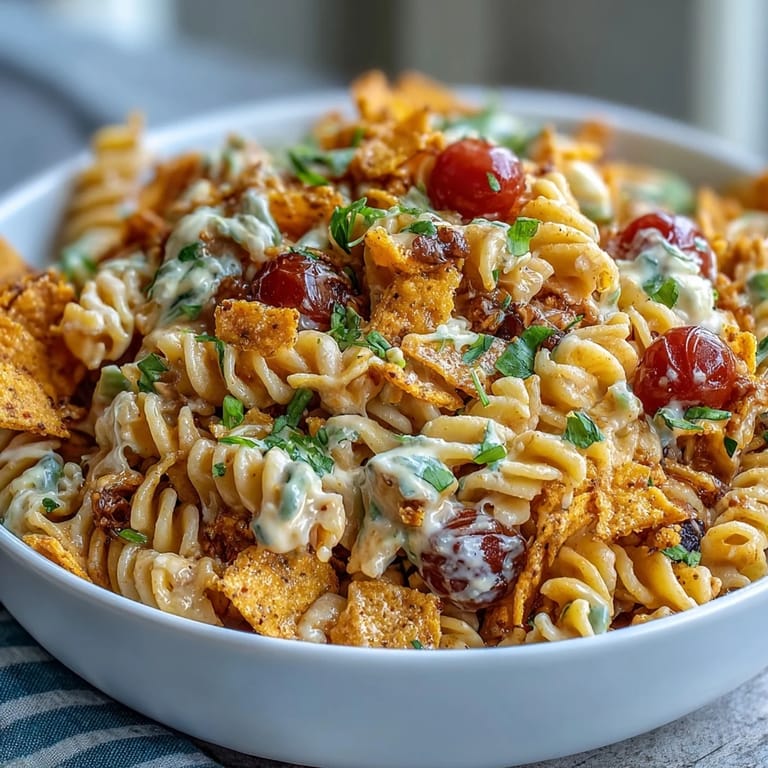 Creamy avocado ranch coats rotini pasta in this Taco Pasta Salad with Doritos, perfect for potlucks or summer meals.