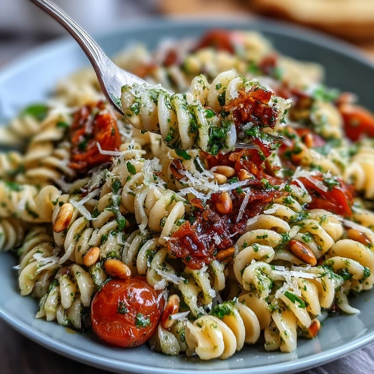 Vibrant pesto pasta salad with cherry tomatoes and arugula, garnished with parmesan and zesty lemon for a refreshing meal.  
