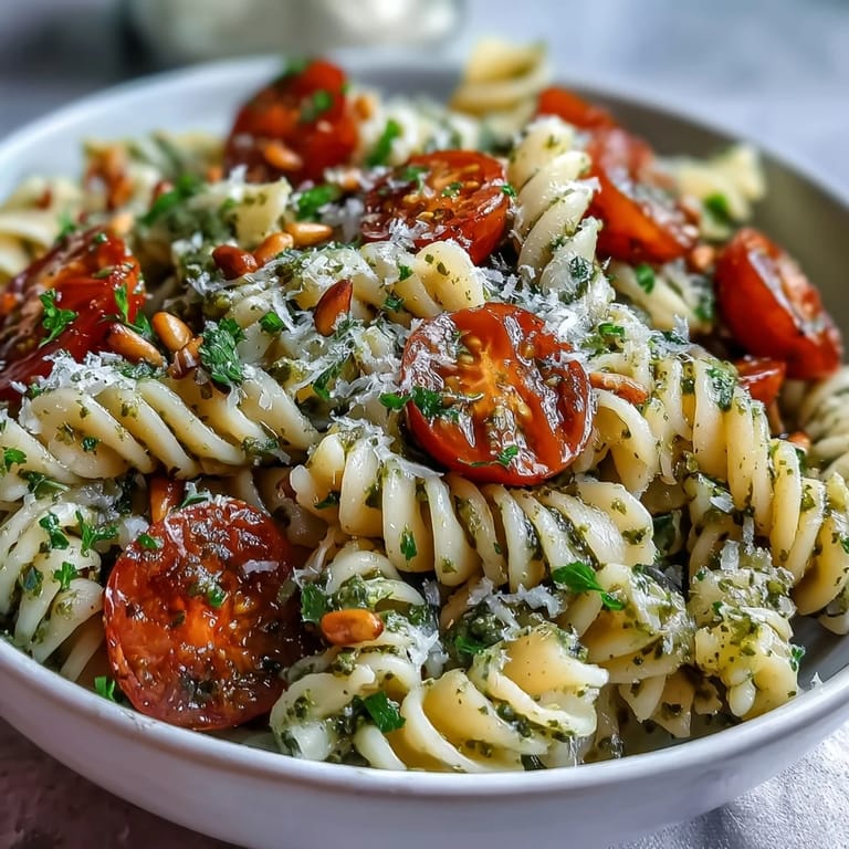 Colorful summer pasta salad with homemade pesto, cherry tomatoes, and arugula, perfect for picnics and light vegetarian lunches.