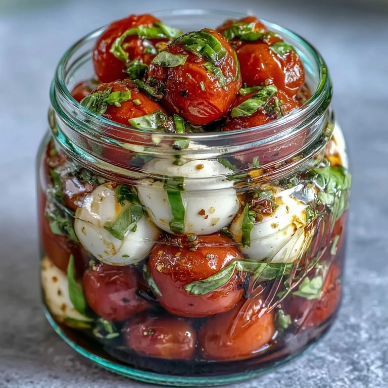 Layered Mason Jar Caprese Salad featuring juicy tomatoes, creamy mozzarella, and fragrant basil leaves in a convenient, picnic-ready jar.