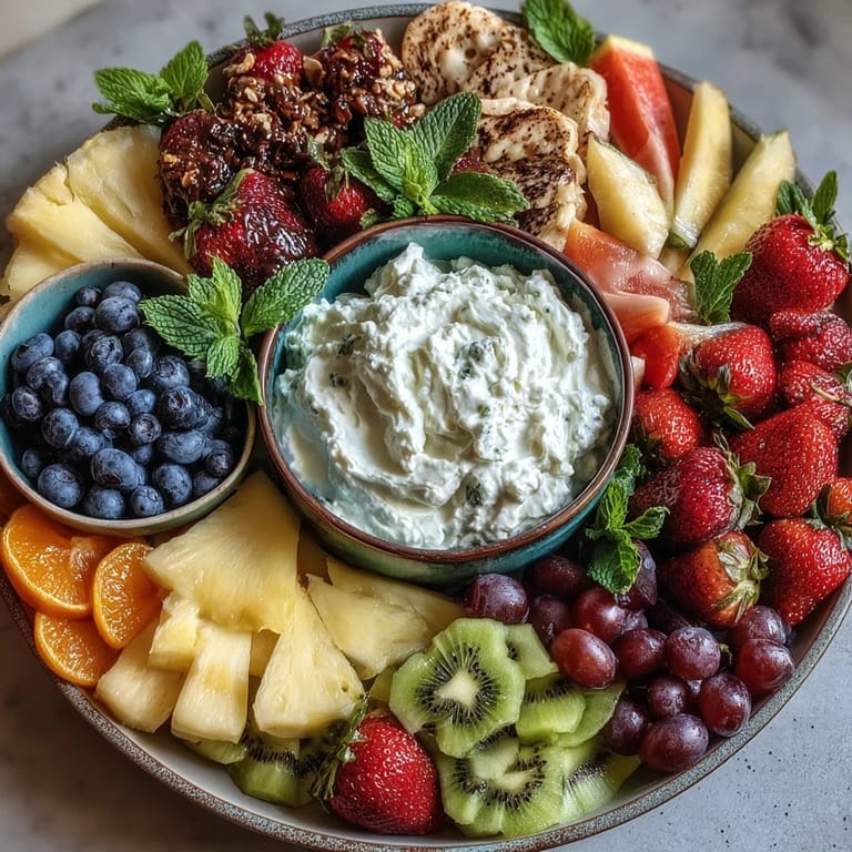 Colorful fruit table arranged in rainbow order, perfect for parties, served with luscious vanilla coconut whipped cream.