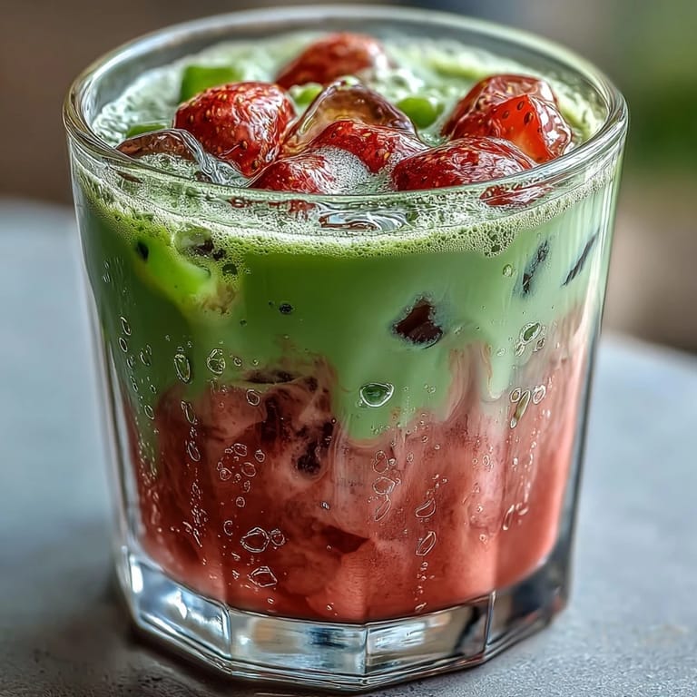 Creamy oat milk strawberry matcha latte with bright red fruit puree and vibrant green tea layer.