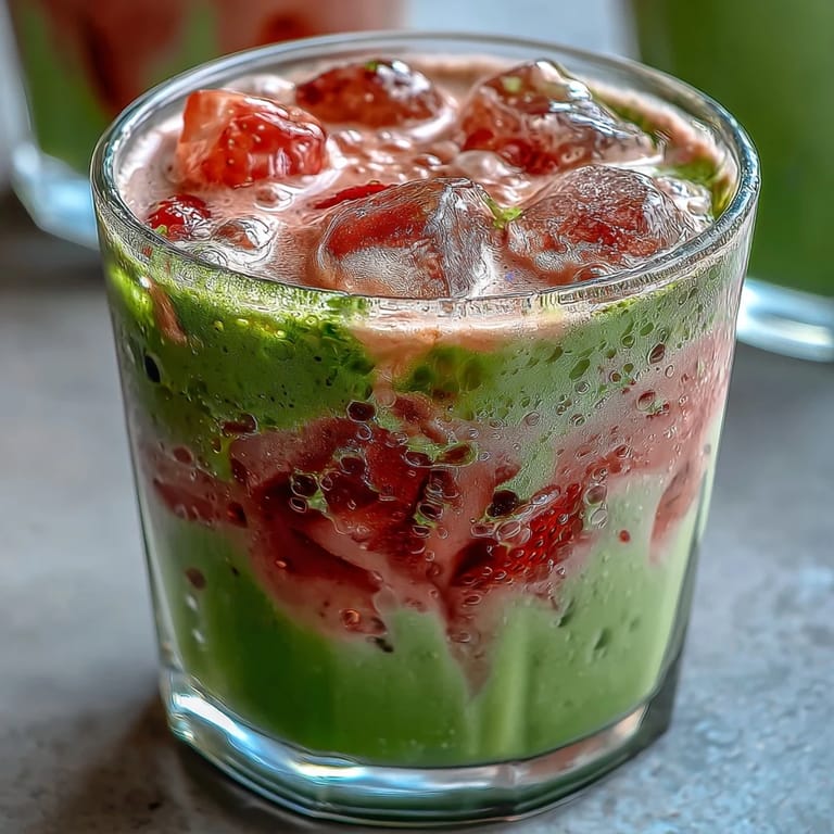 Refreshing strawberry matcha latte featuring chilled oat milk, sweet berry base, and smooth matcha tea topping.