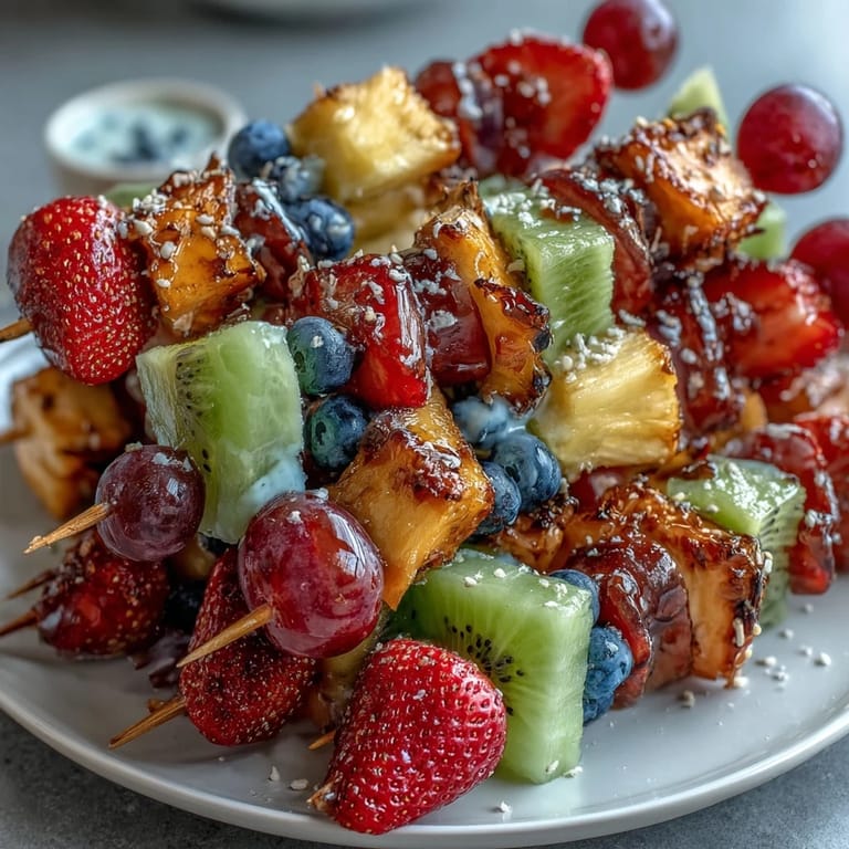 Bright and juicy Rainbow Fruit Skewers with Honey Dip: a festive platter of seasonal fruits on sticks, perfect for parties and paired with a sweet, tangy yogurt dip.
