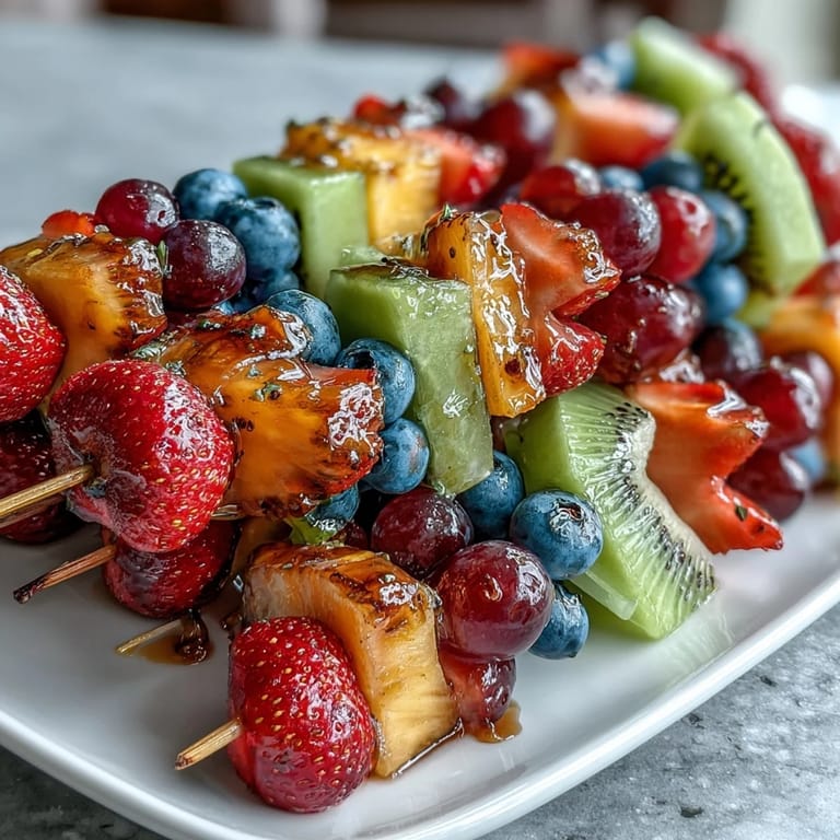 Rainbow Fruit Skewers with Honey Dip: a dazzling mix of fresh, colorful fruit on skewers, served alongside a luscious honey-lemon yogurt dip for a refreshing, crowd-pleasing snack.