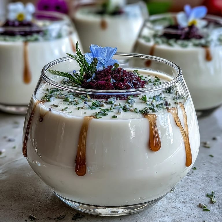 Delicate Italian dessert featuring creamy honey lavender panna cotta, served in elegant glasses with edible flower accents.