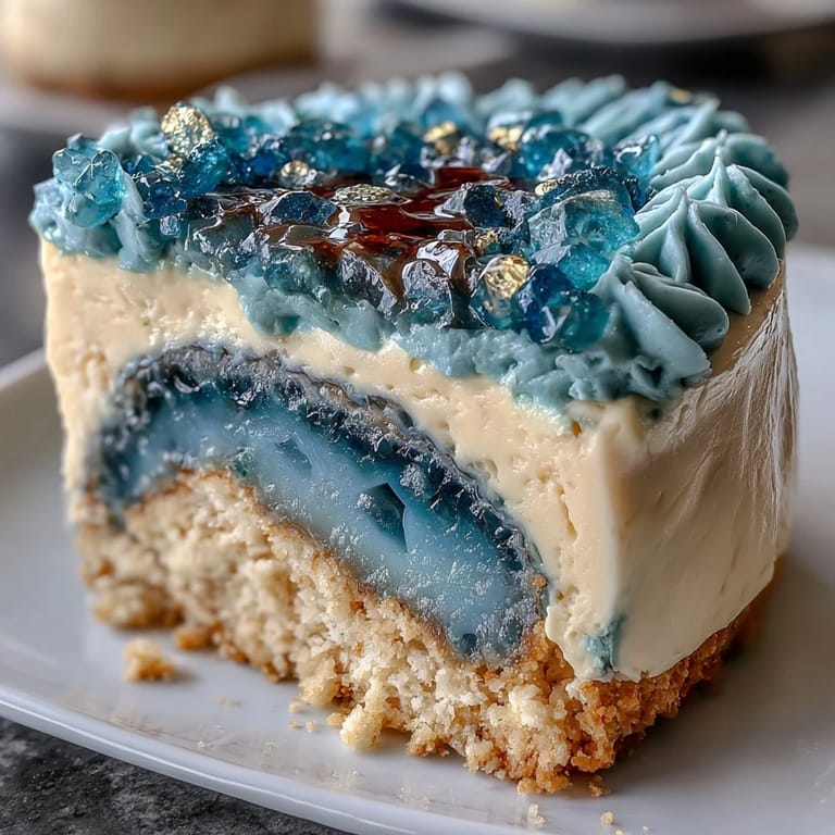 Teal and gold geode cake slice reveals sparkling sugar crystal interior, perfect for graduation party dessert table.