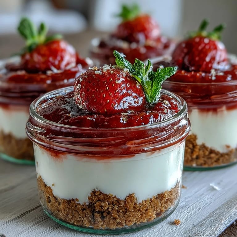 Layers of velvety cheesecake and vibrant strawberry compote in these No-Bake Strawberry Cheesecake Jars, perfect for spring gatherings.