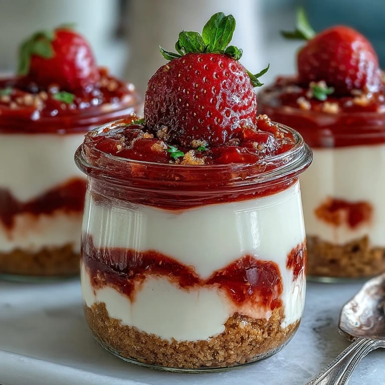 Garnished No-Bake Strawberry Cheesecake Jars featuring a buttery graham base, smooth filling, and bright strawberry topping, ready to enjoy.