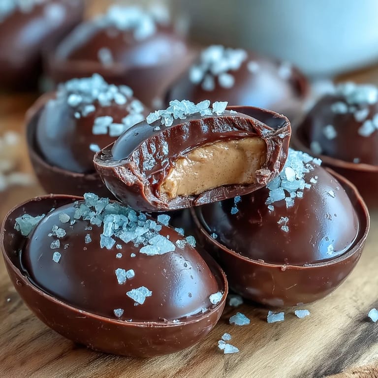 Homemade Easter eggs featuring rich peanut butter centers dipped in dark chocolate, accented with a hint of flaky sea salt for contrast.