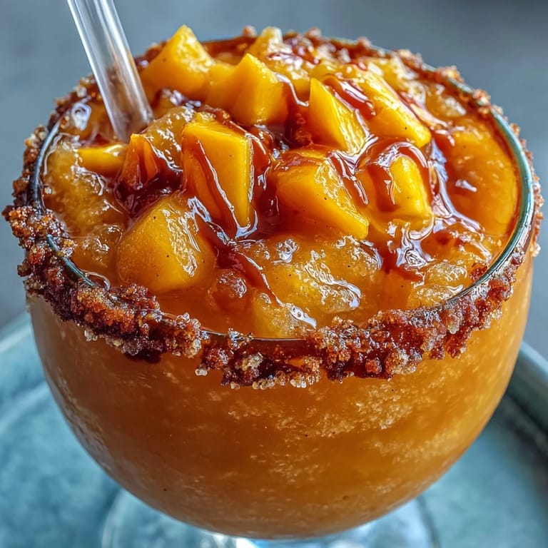 Tangy, frozen Cinco de Mayo Mangonada garnished with Tajín and fresh mango chunks.