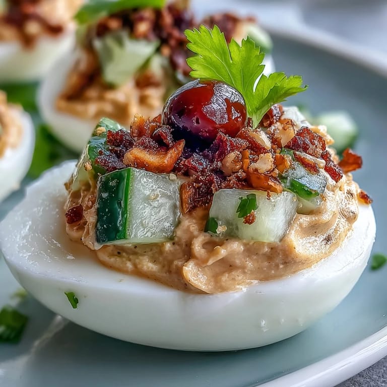 Creamy Thai Peanut Deviled Eggs, topped with refreshing relish, ready to serve.