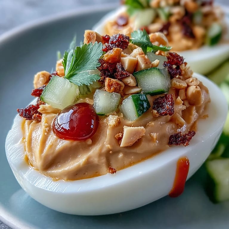 Spicy, nutty Thai Peanut Deviled Eggs, a perfect bite on a platter.