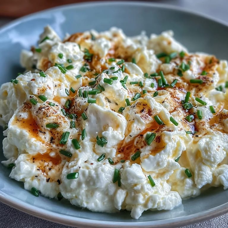 Deliciously soft scrambled eggs featuring cottage cheese, perfect for brunch.