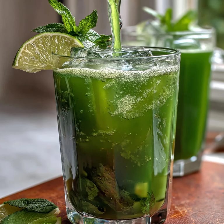 Cool Green Detox Cucumber Mint Agua Fresca poured into a glass with lime.
