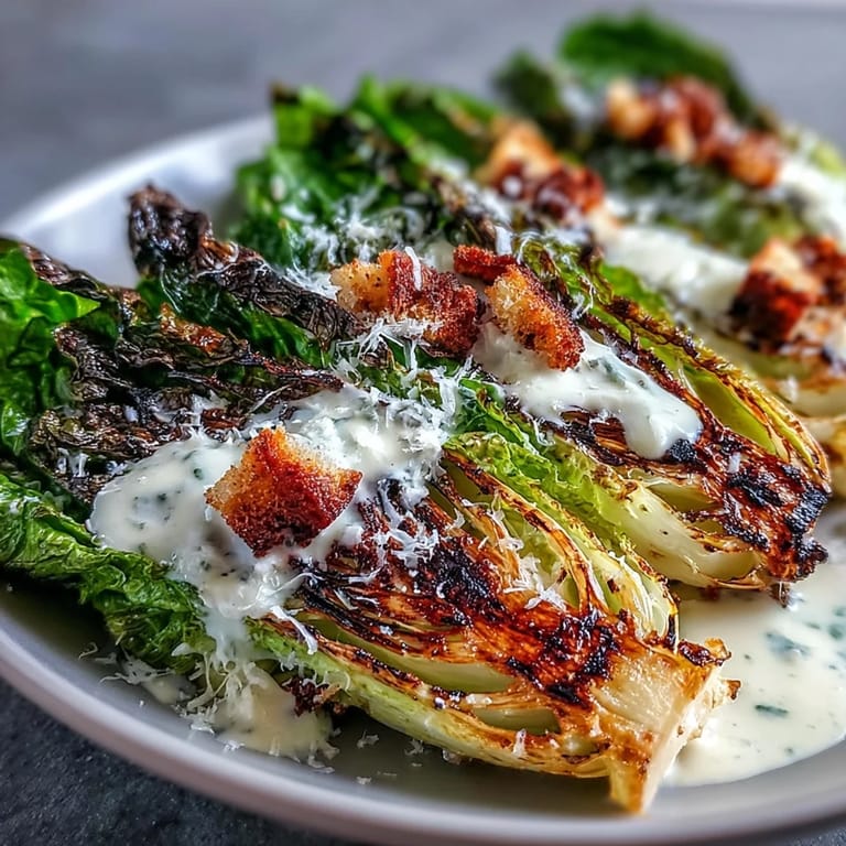 Appetizing grilled Caesar salad with blackened romaine, ready to serve immediately.
