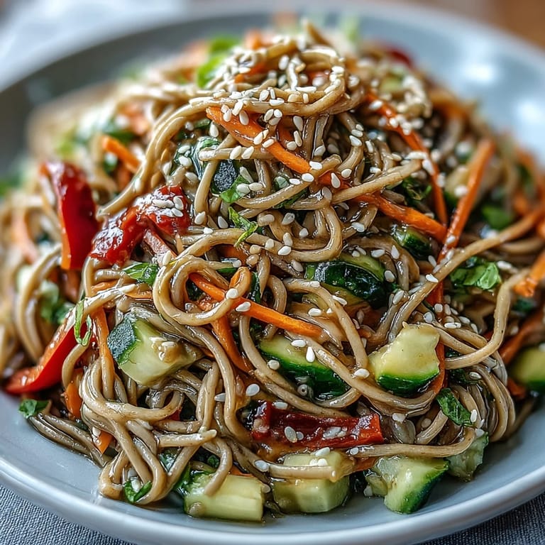 Delicious Cold Soba Noodle Salad, sprinkled with sesame seeds, ready to serve.