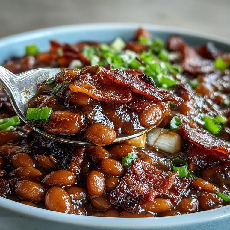 Hearty and sweet oven-baked beans, featuring bacon and tender navy beans.