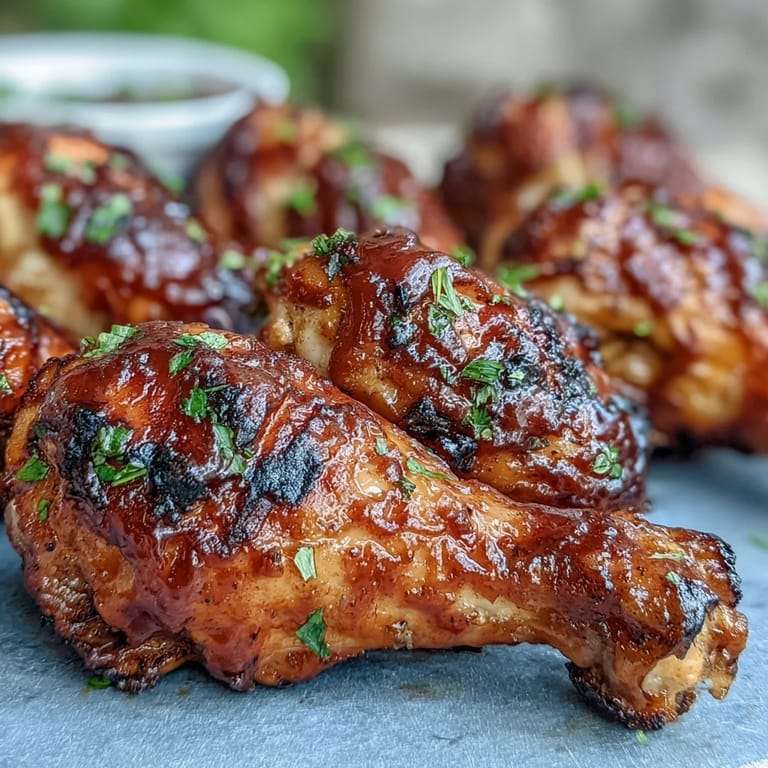 Tender BBQ chicken drumsticks coated in glistening, caramelized spicy peach glaze.