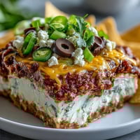 Freshly made 4-Way Layered Dip with refried beans, creamy cheese, and fresh salsa toppings served in a glass dish.