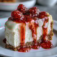 A slice of White Chocolate Raspberry Cheesecake Bliss sits on a white plate, featuring a buttery graham cracker crust and a vibrant red raspberry swirl through the creamy filling.