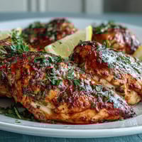 Golden-brown Oven Baked Chicken Breast fresh from the oven, garnished with fresh parsley and lemon slices on a rustic wooden table.