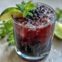 A chilled glass of Black Currant Mojito cocktail filled with crushed ice, fresh mint leaves, and a lime wedge garnish.