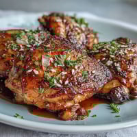 Honey garlic baked chicken thighs with golden crispy skin and savory glaze.