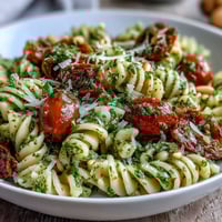 Fresh summer pasta salad with pesto and cherry tomatoes, bursting with bright basil aroma and juicy red tomatoes.  