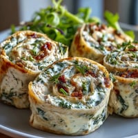 Turkey, Cheese & Spinach Tortilla Pinwheels: Bite-sized rolls filled with turkey, cheese, and spinach—perfect for easy party appetizers or lunchbox snacks.