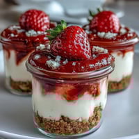 No-Bake Strawberry Cheesecake Jars with creamy layers and fresh strawberry compote, served chilled in individual glass jars.