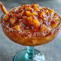 Vibrant Cinco de Mayo Mangonada mocktail layered with spicy chamoy and ripe mango.
