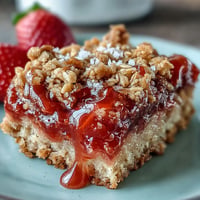 Golden, bubbly strawberry rhubarb crumble bars ready for summer picnics.