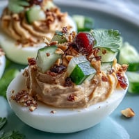 Thai Peanut Deviled Eggs with vibrant cucumber relish, a flavorful appetizer.