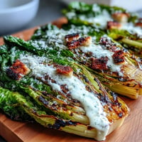 Close-up of grilled Caesar salad revealing smoky charred romaine drizzled with creamy dressing.