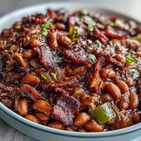 Juneteenth BBQ Baked Beans with bacon, slow-cooked to smoky perfection.
