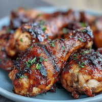 Juicy BBQ chicken drumsticks with spicy peach glaze, grilled golden brown and sticky.